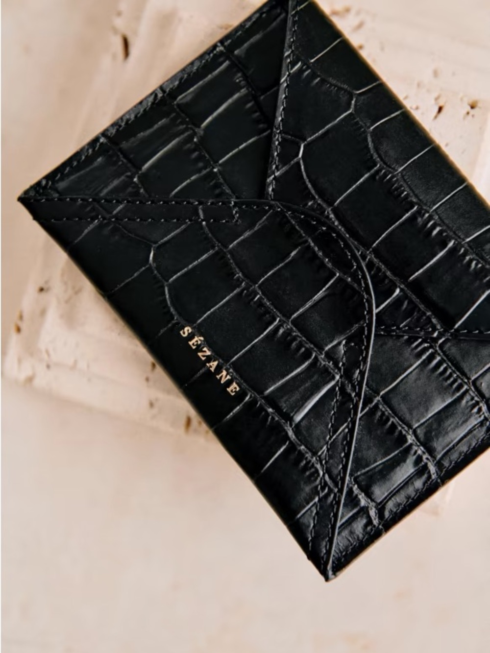 Sezane Black Croc-Embossed Envelope Card Holder